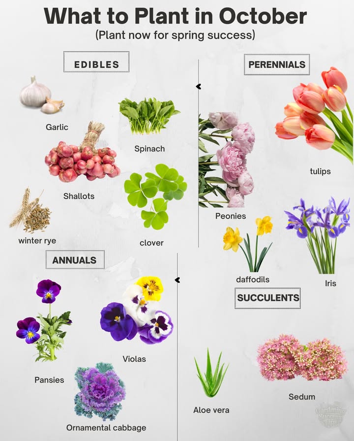 What to Plant in October
Plant now for early blooms and a head start on next season.

EDIBLES
Garlic, Spinach, Shallots, Winter rye, Clover
 Plant before ground freezes for strong roots
 Mulch to protect from early frost

PERENNIALS
Peonies, Tulips, Daffodils, Iris
 Set bulbs in well-drained soil
 Water deeply after planting

ANNUALS
Pansies, Violas, Ornamental cabbage
 Choose frost-tolerant varieties
 Fertilize lightly to boost blooms

SUCCULENTS
Aloe vera, Sedum
 Keep containers raised to avoid soggy roots
 Reduce watering as temperatures drop