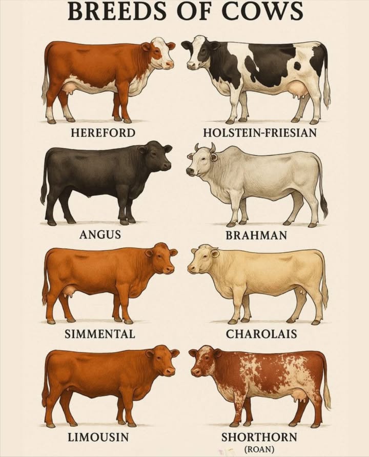 Discovering Diverse Cow Breeds 
Hereford: Known for their distinctive red bodies and white faces, excellent for beef production.

Holstein-Friesian: The iconic black and white dairy cow, famous for high milk production. 拏

Angus: A popular beef breed, typically black though red Angus exists, known for quality meat.

Brahman: Originating from India, these humped cows are heat-tolerant and good for crossbreeding.

Simmental: Large, sturdy, and versatile, used for both milk and beef.

Charolais: A large, white French beef breed, prized for its muscle and fast growth.

Limousin: A red-gold French beef breed, known for its lean, high-quality meat.

Shorthorn Roan: A versatile breed, often red, white, or roan, used for both beef and dairy.
