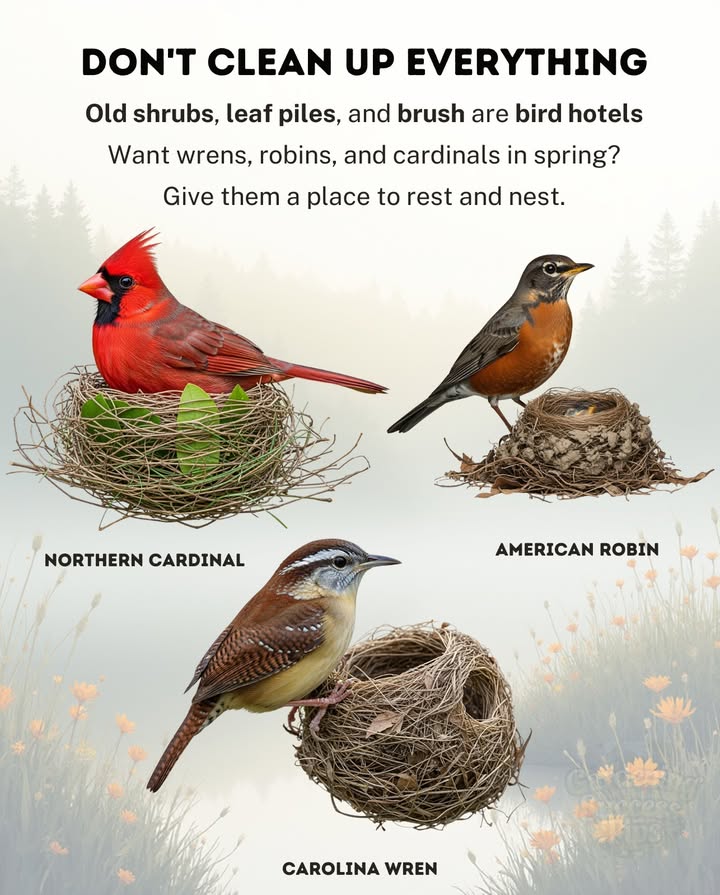 Dont Over-Clean Your Yard This Fall
As the weather cools, native birds like wrens, robins, and cardinals are looking for safe spots to rest, find food, and shelter through winter.
By leaving old shrubs, brush piles, and leaf litter untouched, youre creating a cozy haven for them  and for the insects they rely on.

Heres how to help:
 Skip the fall cleanup. Let nature do the mulching for you.
 Leave leaves and twigs where they fall  they shelter insects, and birds love that winter buffet.
 Hold off on trimming shrubs and cutting back perennials until spring.
 Plant or keep native plants to offer berries, seeds, and cover.

Small acts make a big difference for your backyard birds.
Let your garden rest  and your wildlife thrive.